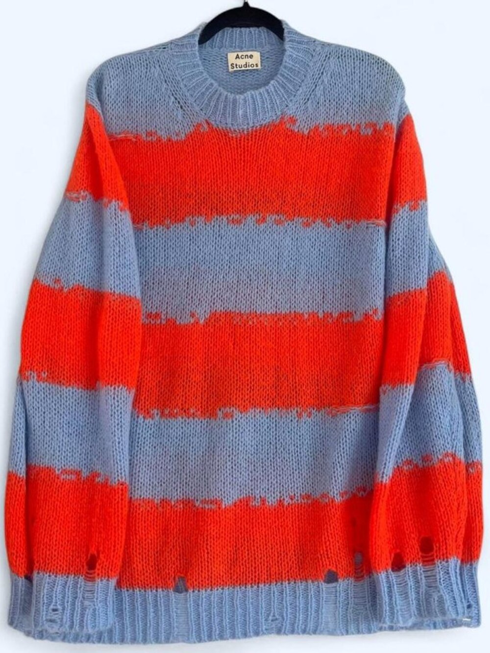 Acne Studios oversized brushed mohair alpaca knit in icy blue + orange stripe